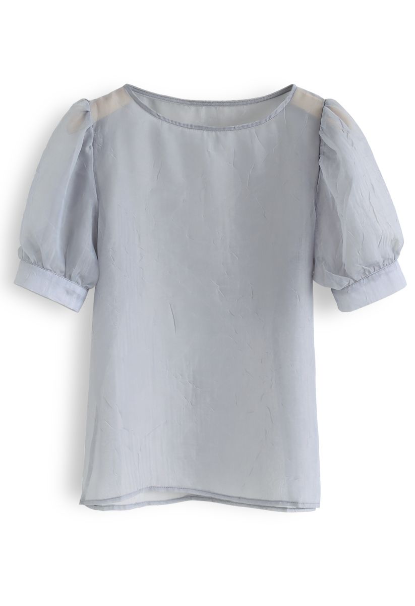 Semi-Sheer Bubble Sleeves Top in Grey