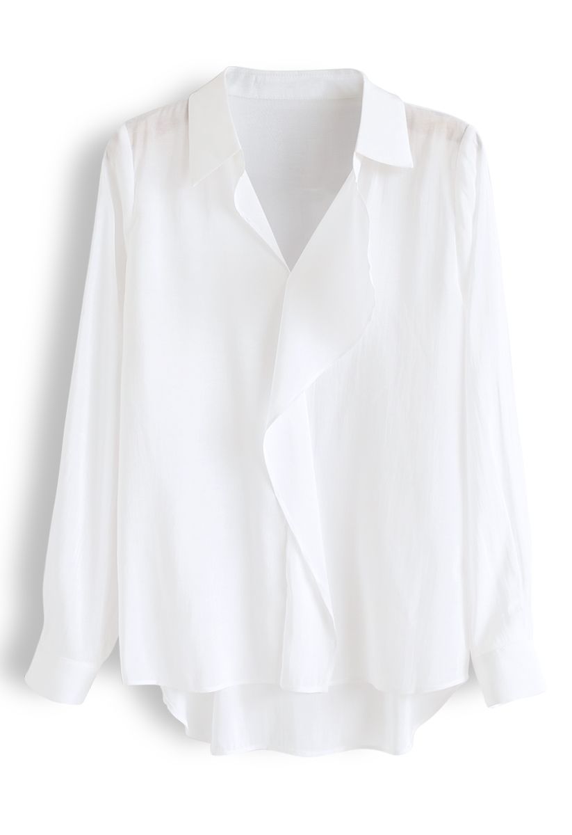 Hi-Lo Hem V-Neck Ruffle Front Shirt in White