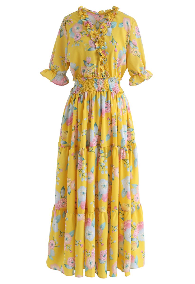 Full Blooming Floral Ruffle Wrapped Dress in Yellow - Retro, Indie and ...