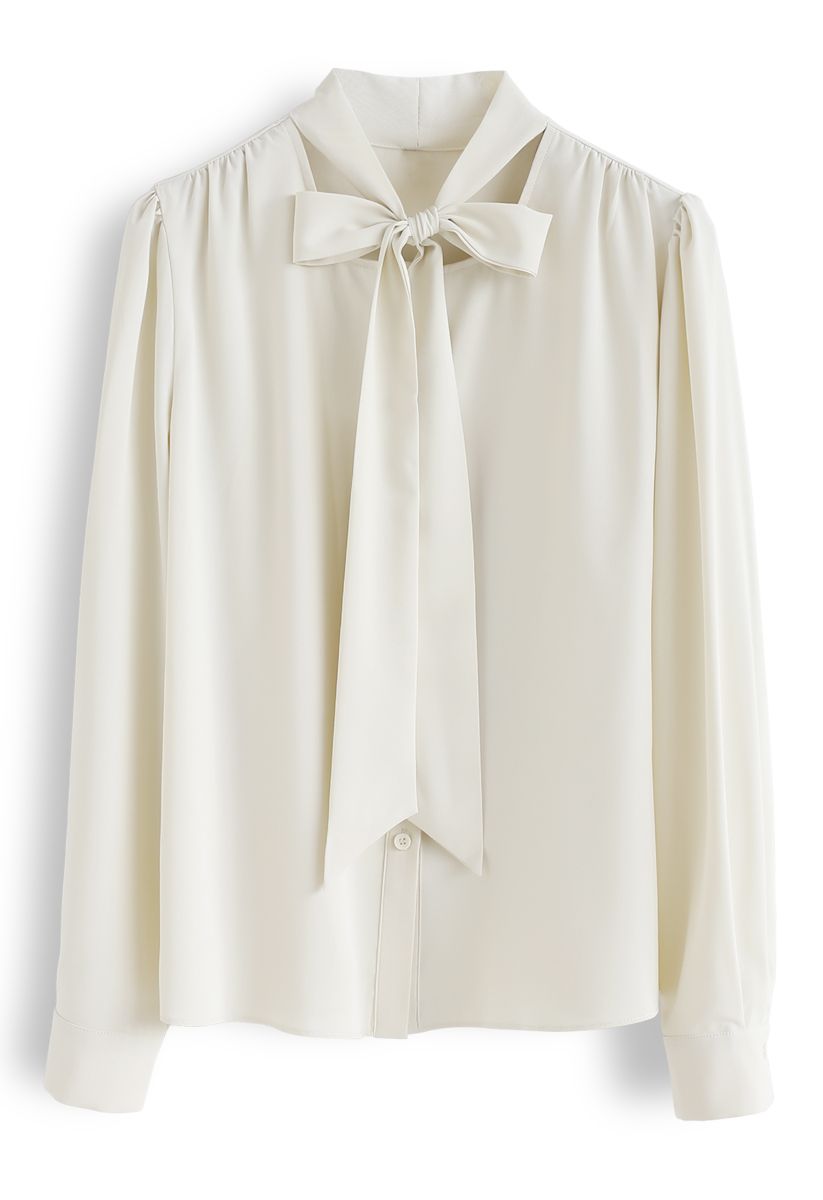 Bowknot Tie Neck Button Down Shirt in Cream - Retro, Indie and Unique ...