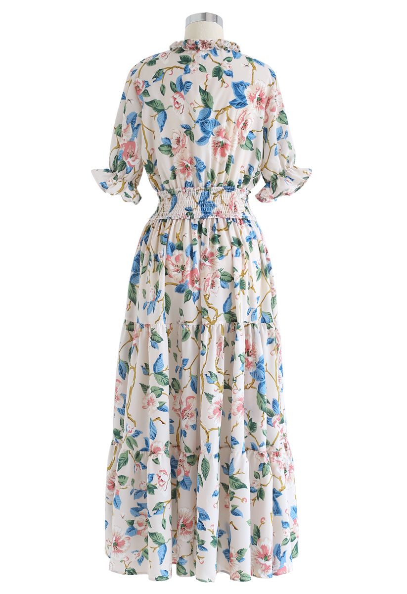 Full Blooming Floral Ruffle Wrapped Dress in Ivory - Retro, Indie and ...