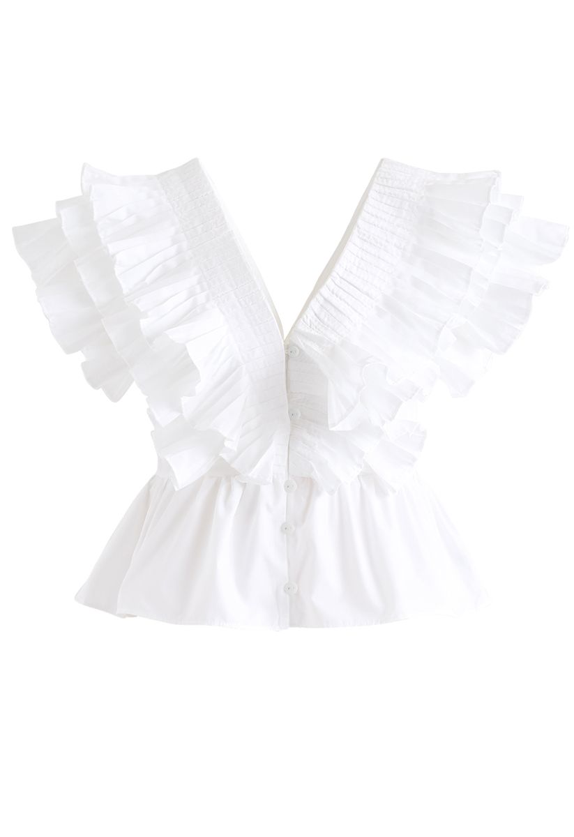 Pleated Ruffle Buttoned Deep V-Neck Crop Top - Retro, Indie and Unique ...