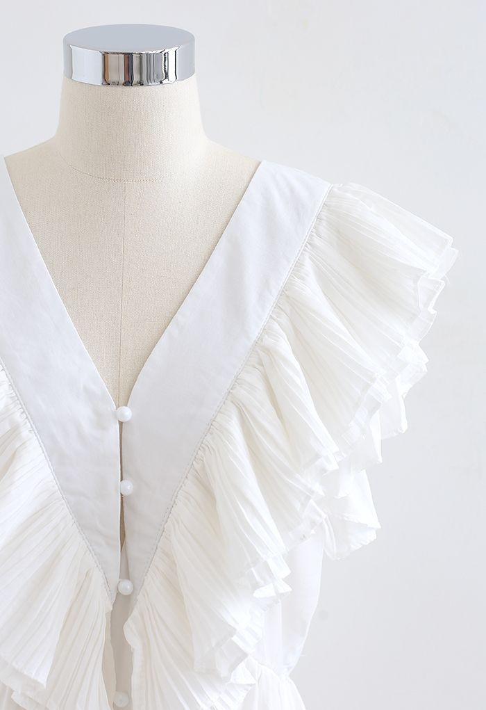Pleated Ruffle Buttoned Deep V-Neck Crop Top in White