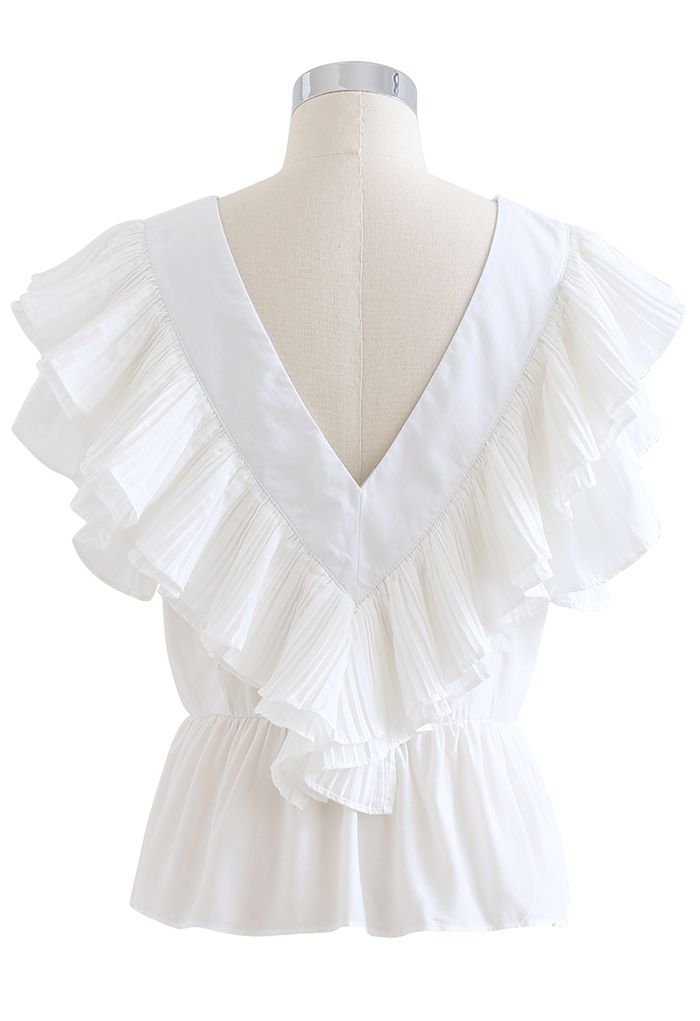 Pleated Ruffle Buttoned Deep V-Neck Crop Top in White