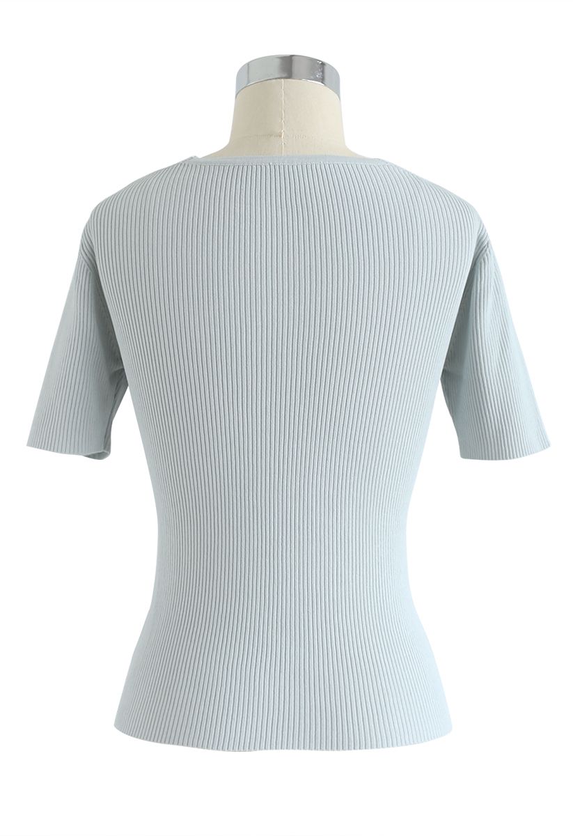 V-Neck Crisscross Ribbed Knit Top in Mint - Retro, Indie and Unique Fashion