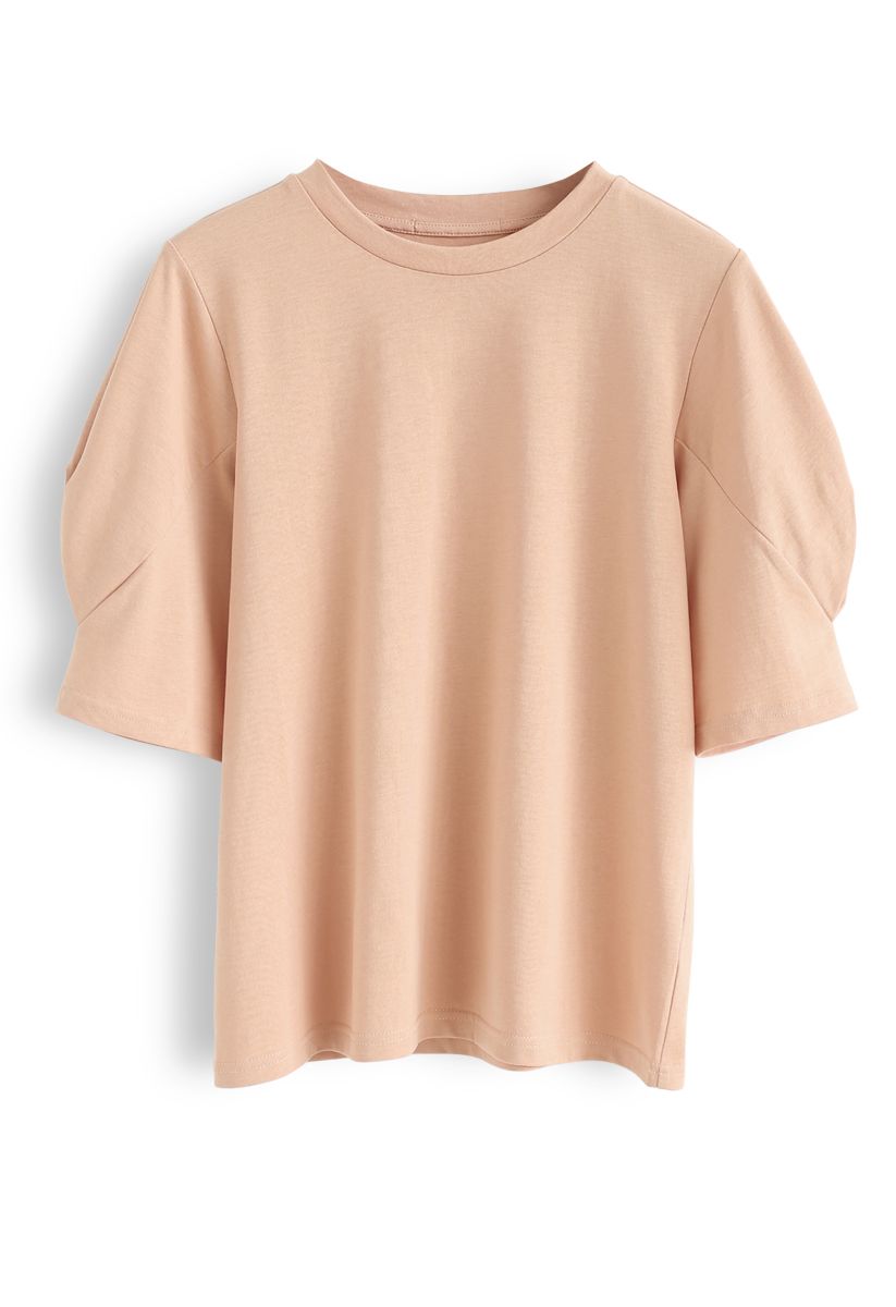 Puff Sleeves Pure Color Tee in Apricot
