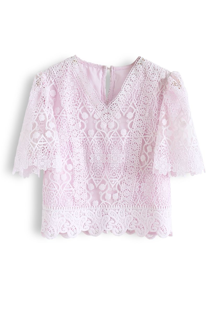 V-Neck Crochet Mesh Cropped Top in Light Pink