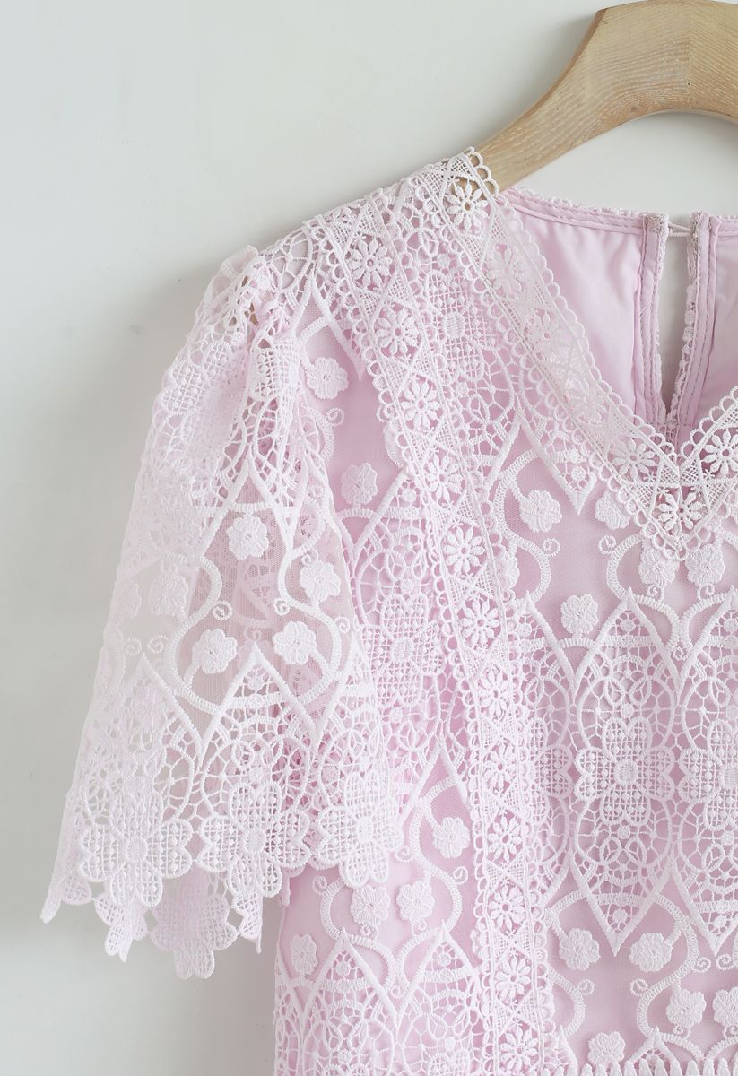 V-Neck Crochet Mesh Cropped Top in Light Pink