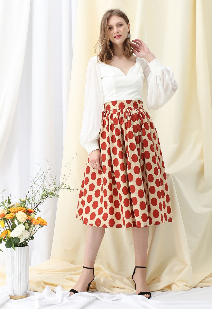 Vintage Red Polka Dot Midi Skirt - Retro, Indie and Unique Fashion