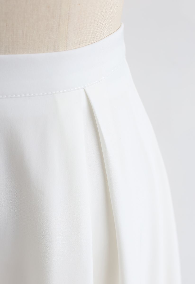 Side Zip Pleated A-Line Midi Skirt in White