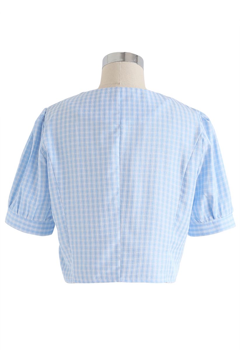 Gingham V-Neck Embroidered Cropped Top in Blue