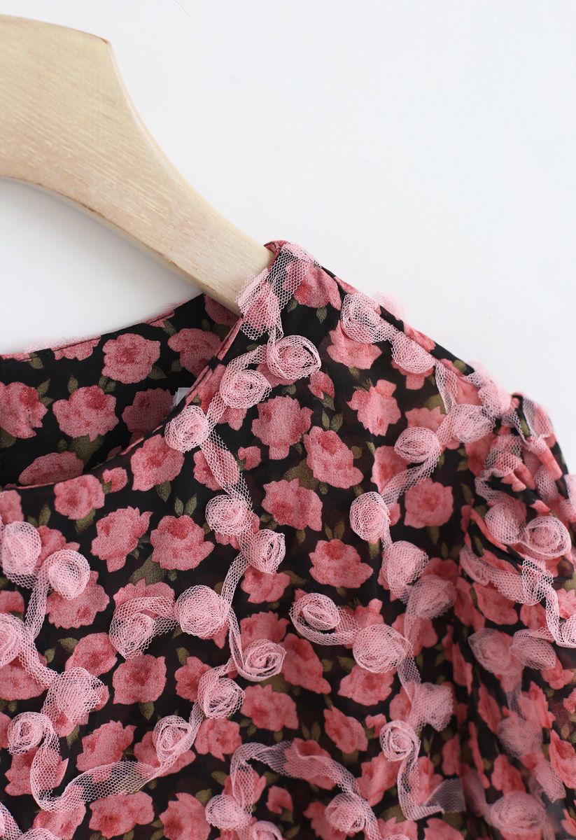 Retro 3D Roses Floral Chiffon Top in Black