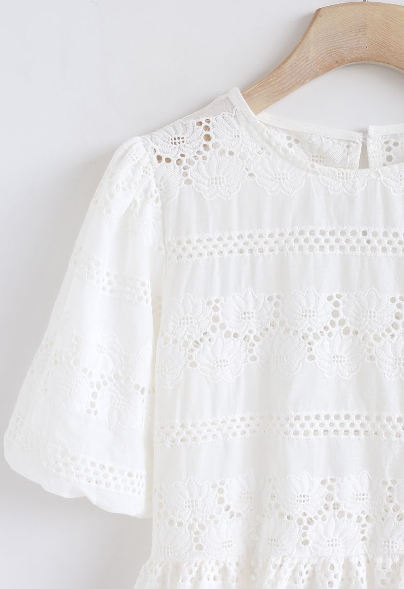 Sunflower Embroidery Hollow Out Top in White