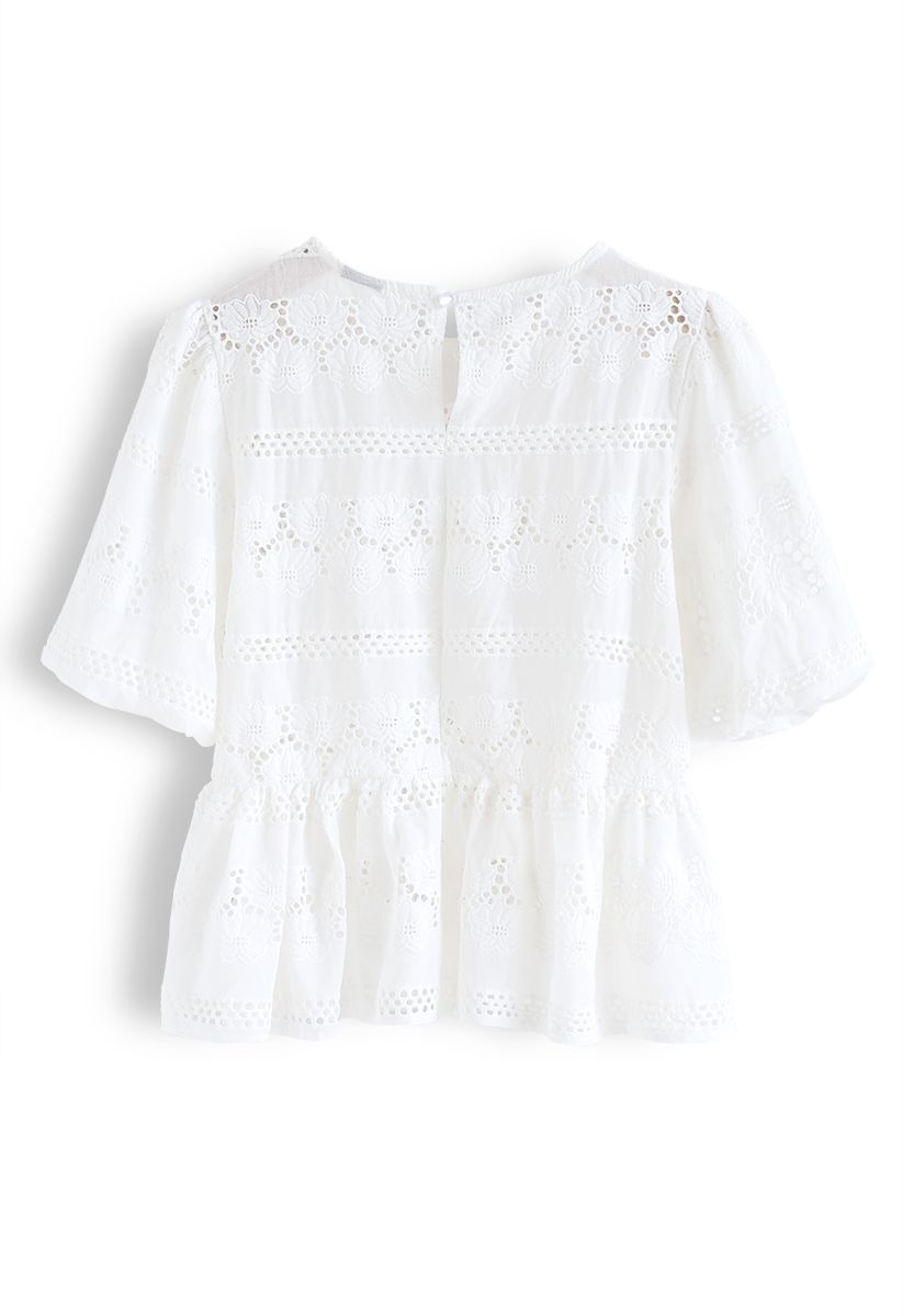 Sunflower Embroidery Hollow Out Top in White
