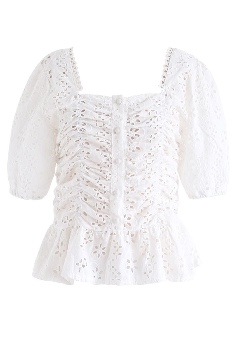 Square Neck Eyelet Buttoned Top in White - Retro, Indie and Unique Fashion
