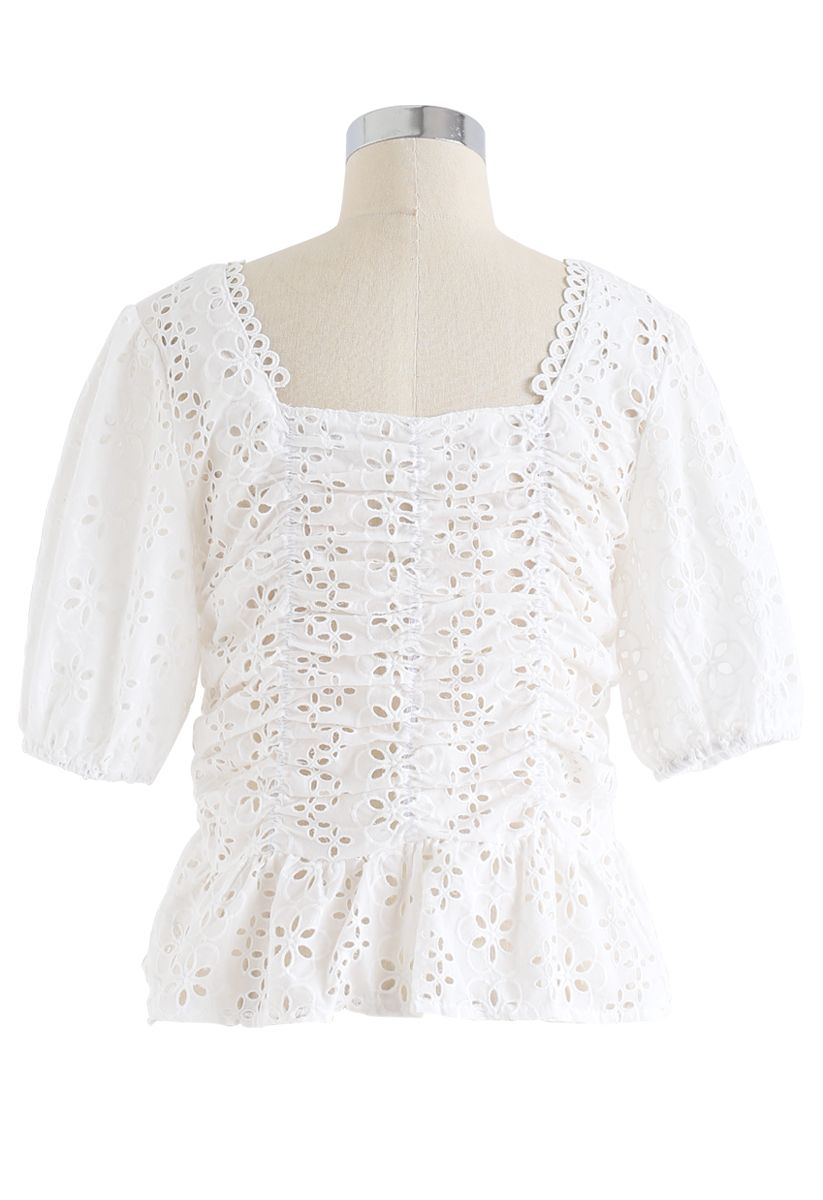 Square Neck Eyelet Buttoned Top in White