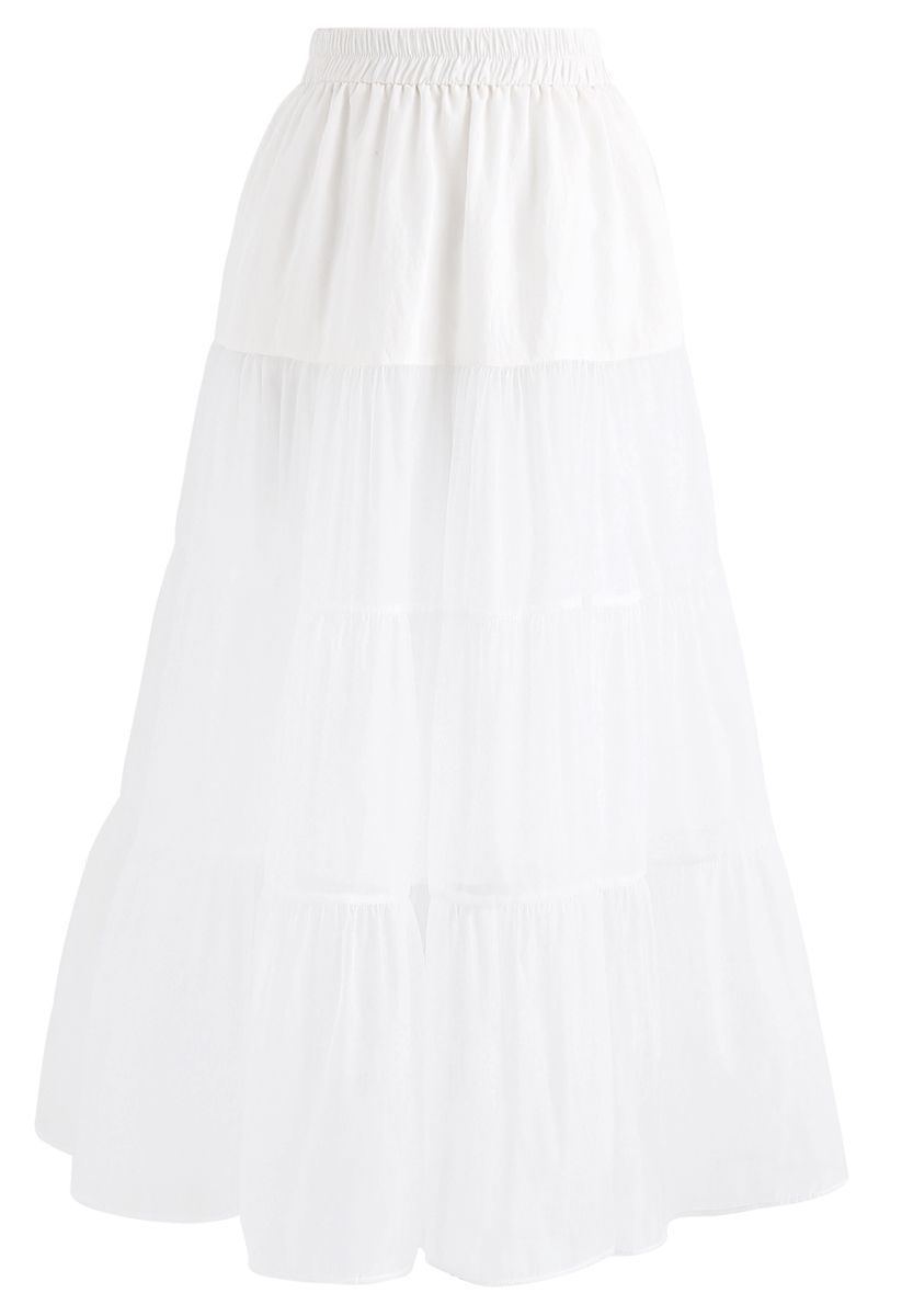 Lightweight Organza Midi Skirt in White - Retro, Indie and Unique Fashion