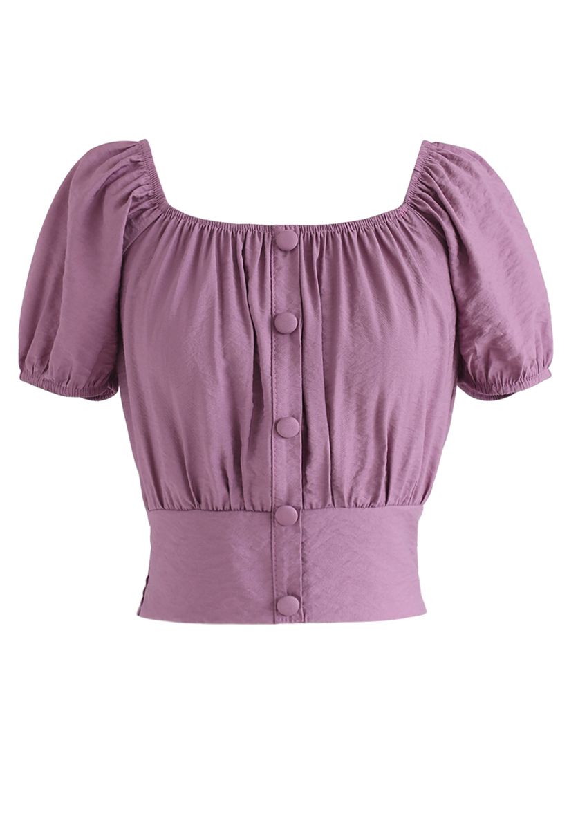 Square Neck Buttoned Front Cropped Top in Purple