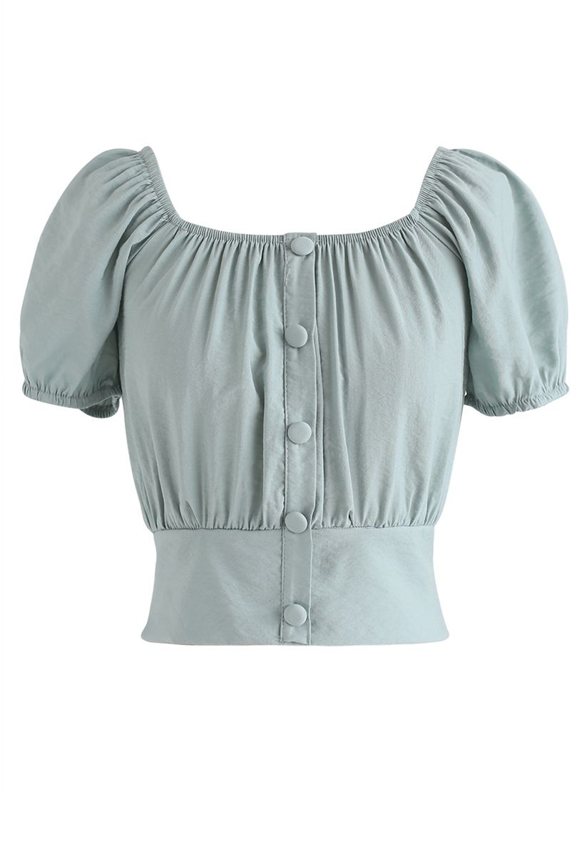 Square Neck Buttoned Front Cropped Top in Mint