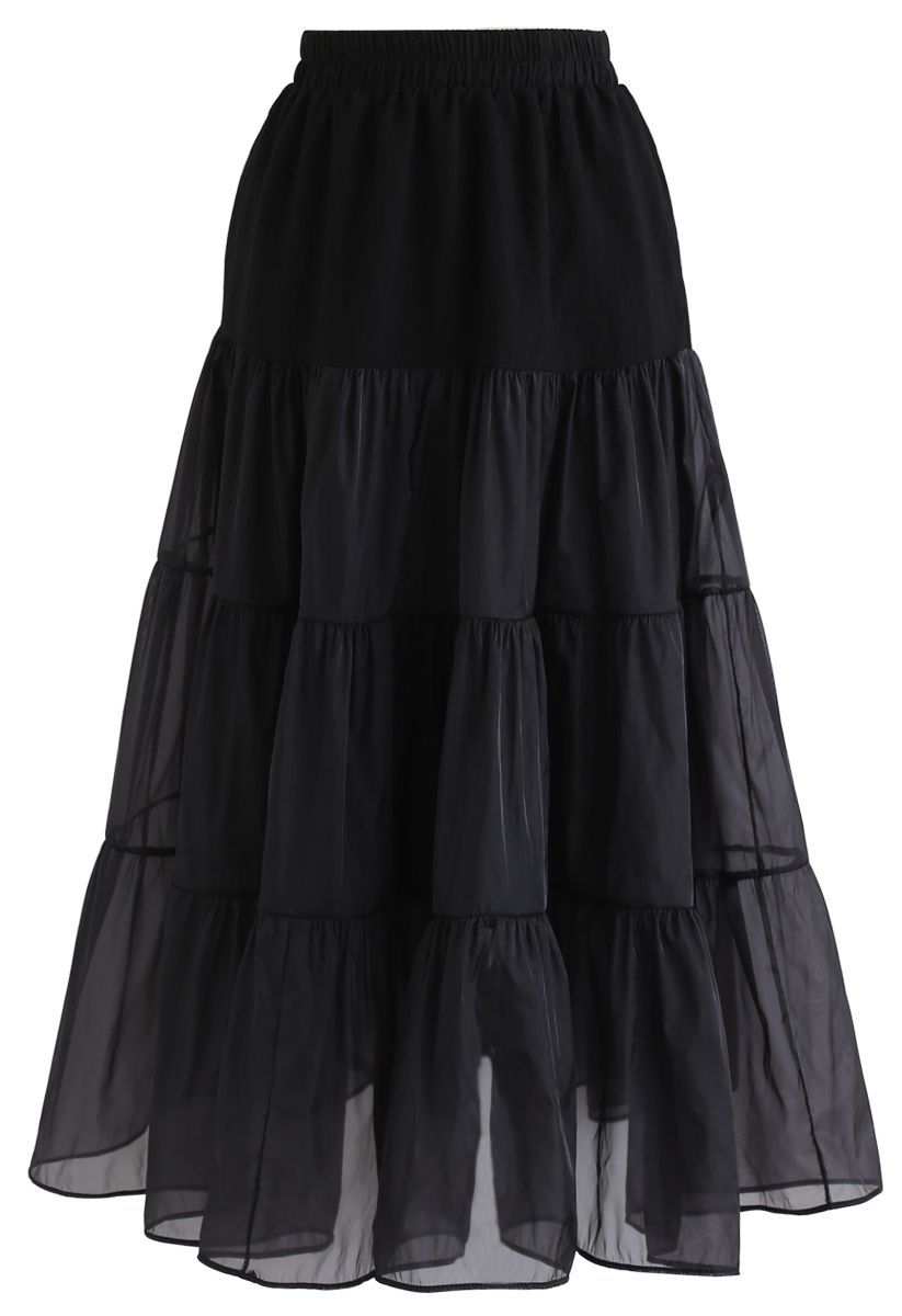 Lightweight Organza Midi Skirt in Black - Retro, Indie and Unique Fashion