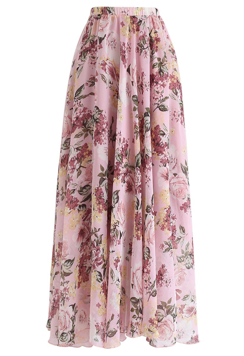 Bright-Colored Floral Maxi Skirt in Pink - Retro, Indie and Unique Fashion