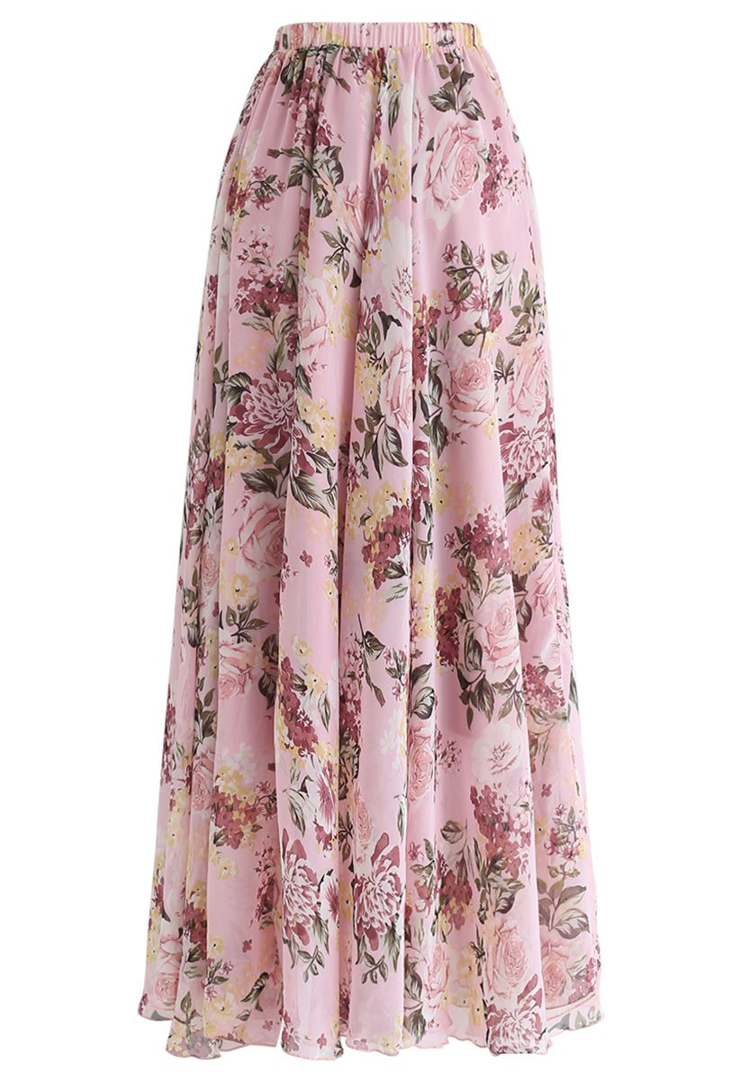 Bright-Colored Floral Maxi Skirt in Pink - Retro, Indie and Unique Fashion