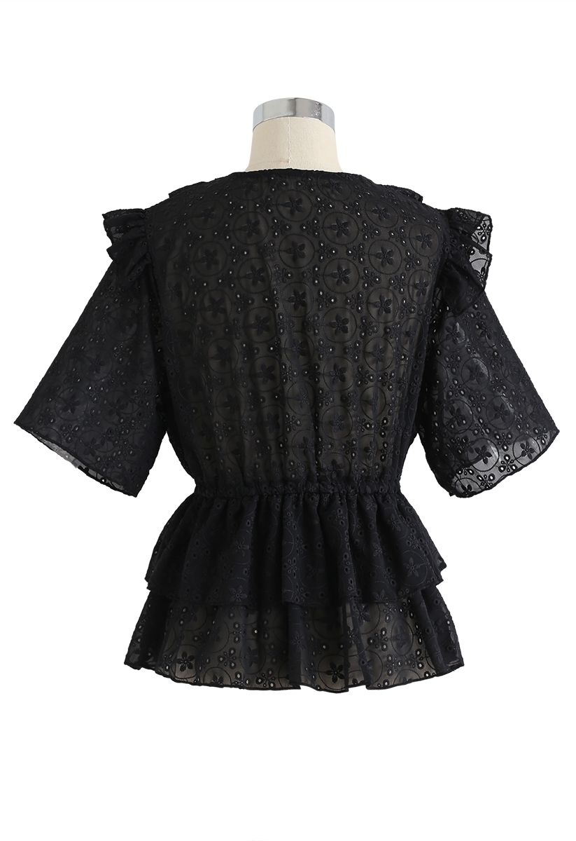Ruffle Eyelet Embroidery Tiered Peplum Top in Black
