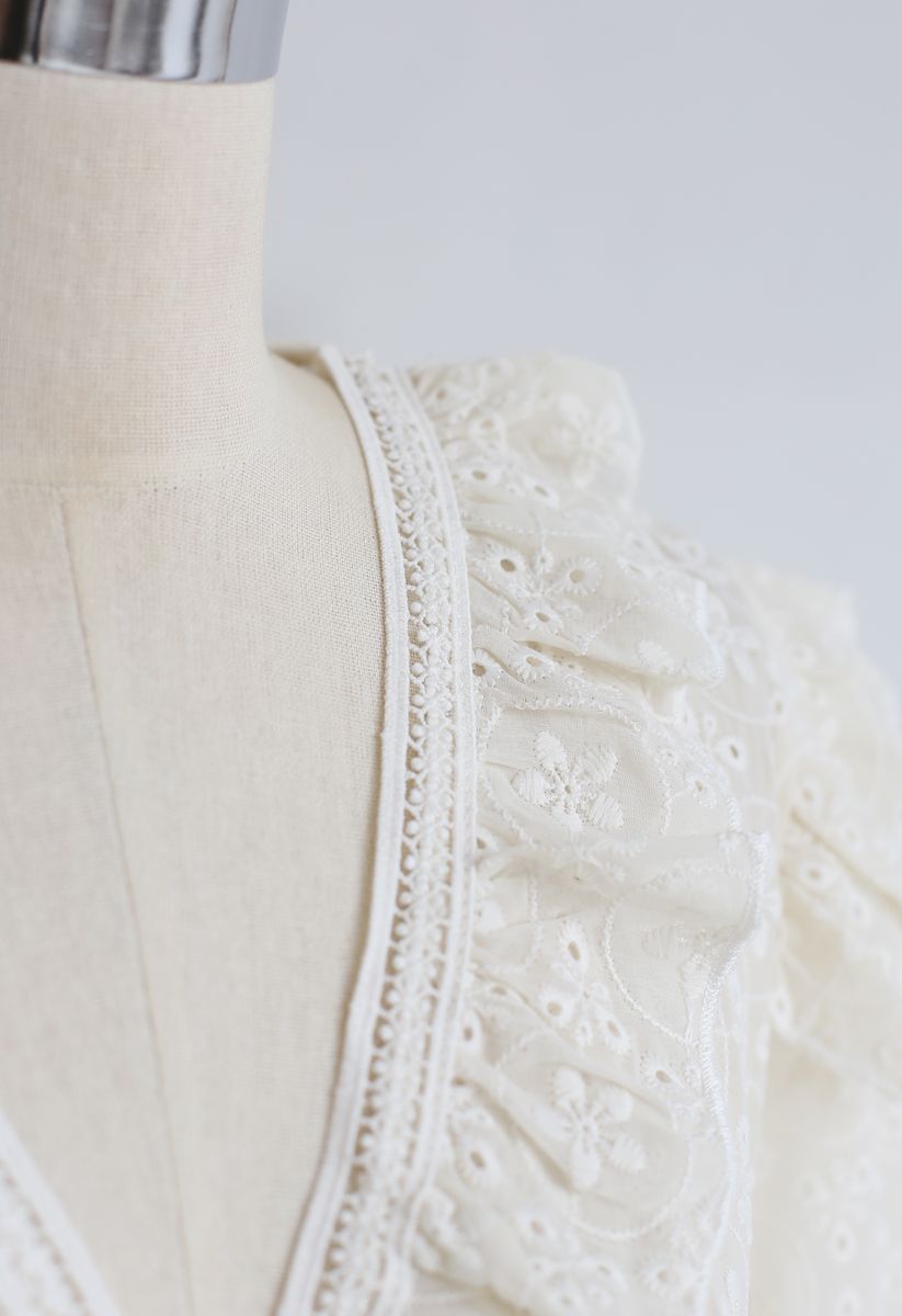 Ruffle Eyelet Embroidery Tiered Peplum Top in Cream
