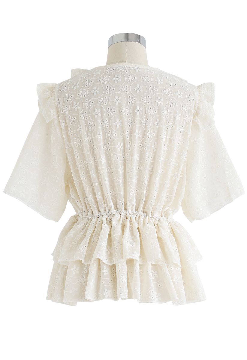 Ruffle Eyelet Embroidery Tiered Peplum Top in Cream