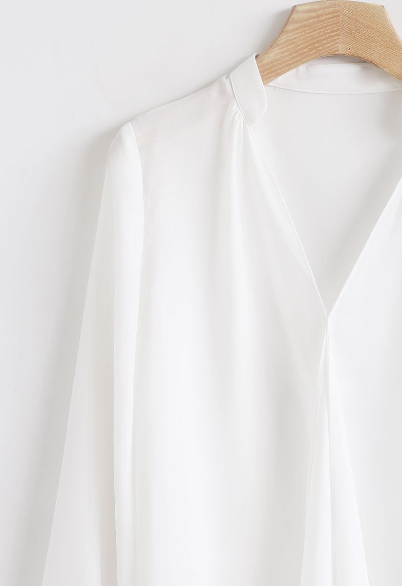 Front Ruffle V-Neck Shirt in White