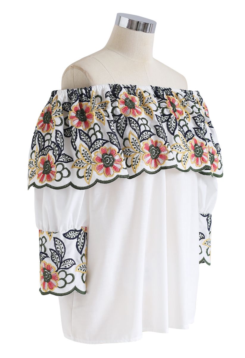 Exuberant Floral Embroidery Off-Shoulder Top