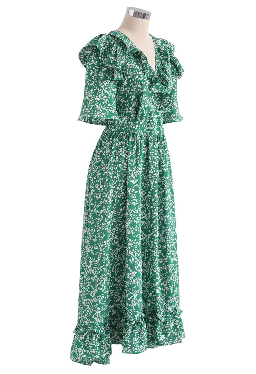Marguerite Print V-Neck Ruffle Dress in Green