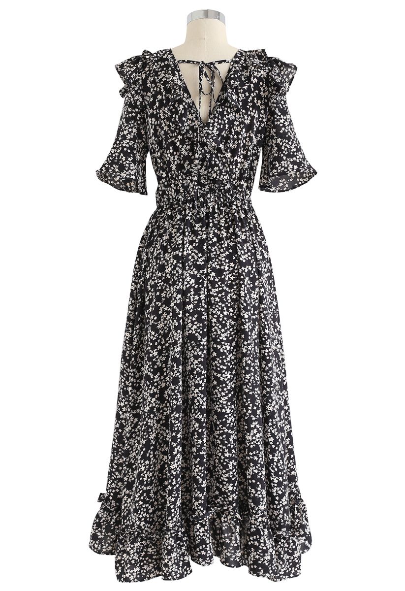 Marguerite Print V-Neck Ruffle Dress in Black - Retro, Indie and Unique ...