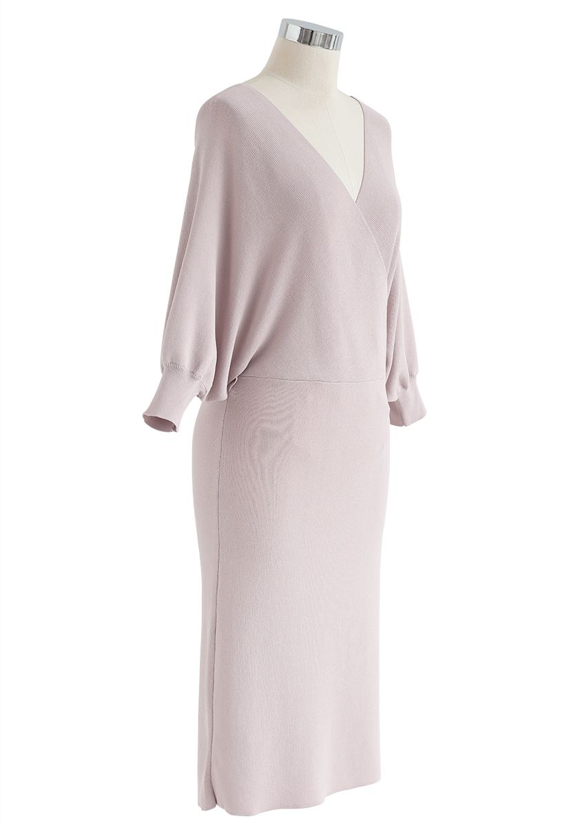 Batwing Sleeves Wrapped Knit Midi Dress in Dusty Pink