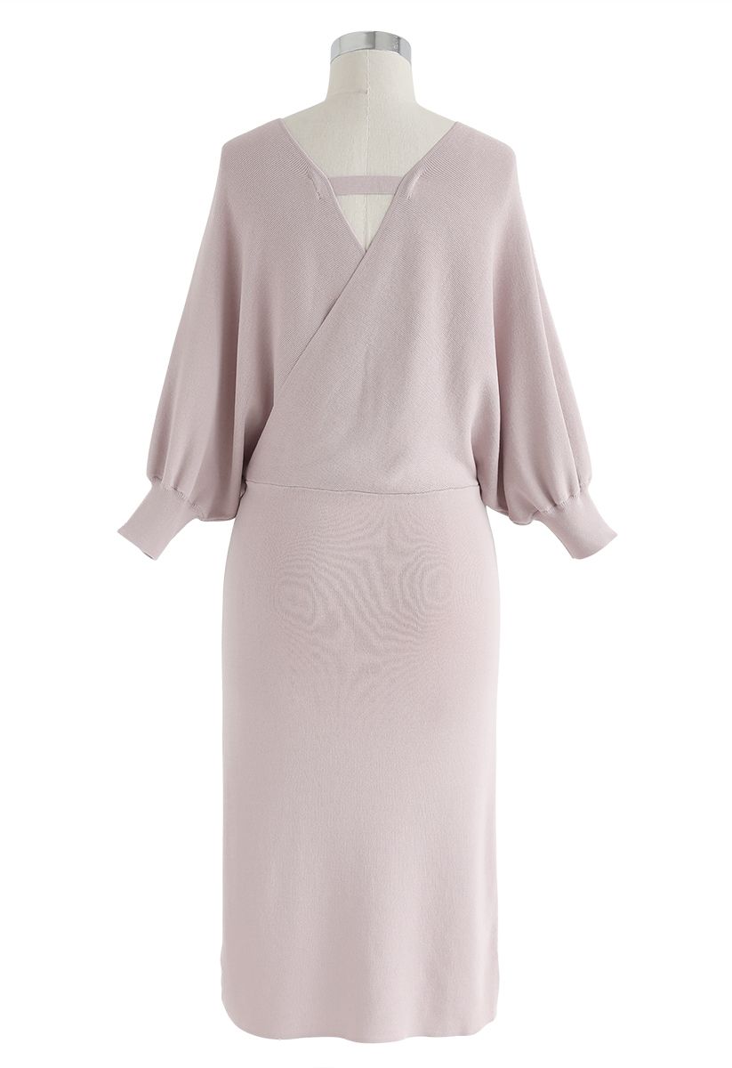 Batwing Sleeves Wrapped Knit Midi Dress in Dusty Pink