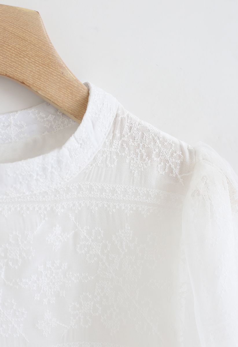 Snowflakes Embroidered Mesh Sleeves Top in White - Retro, Indie and ...