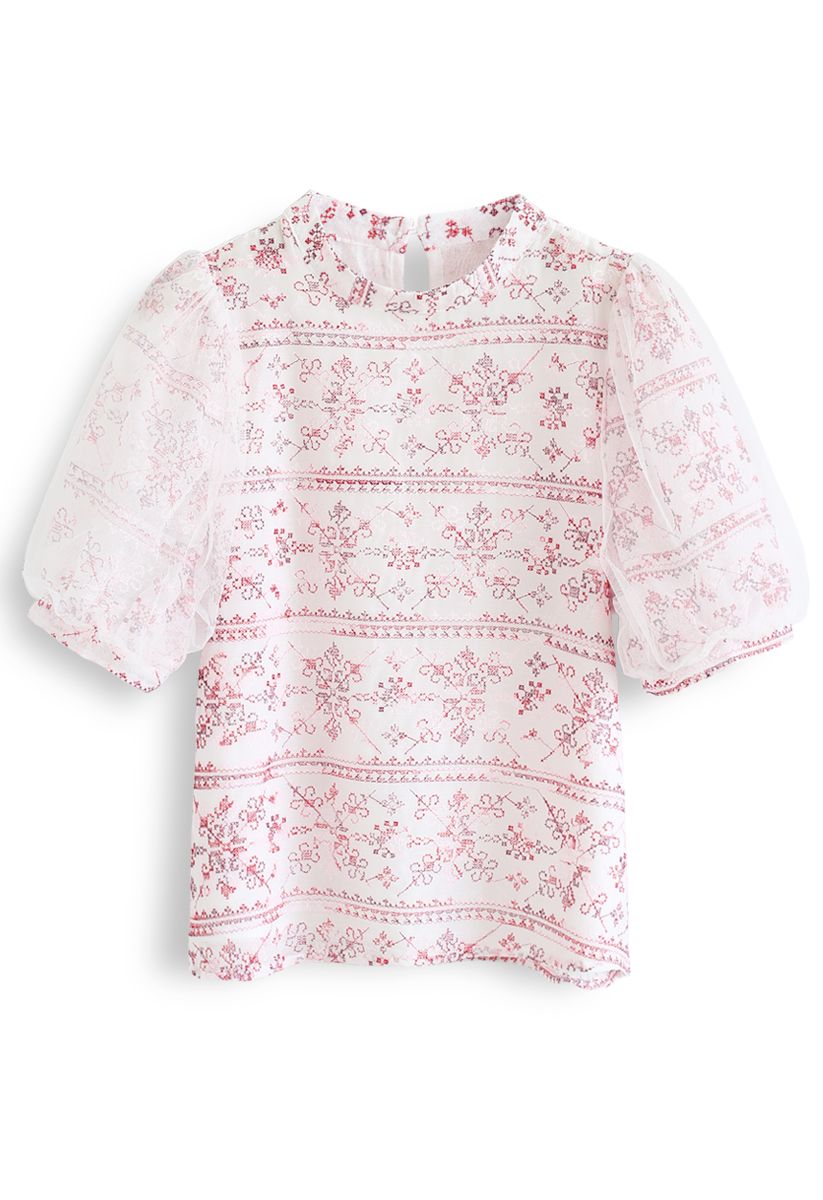 Snowflakes Embroidered Mesh Sleeves Top in Red