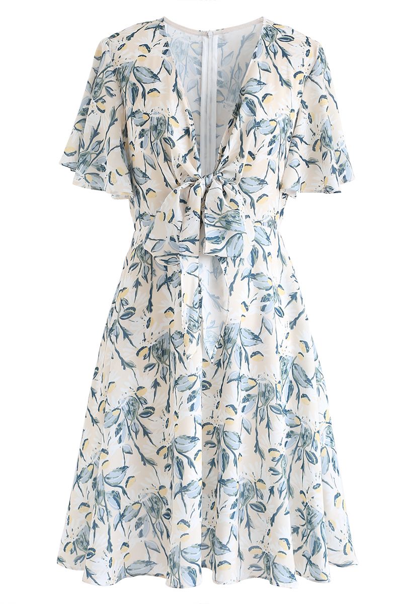 Feverfew Print Decorated Knotted Midi Dress - Retro, Indie and Unique ...