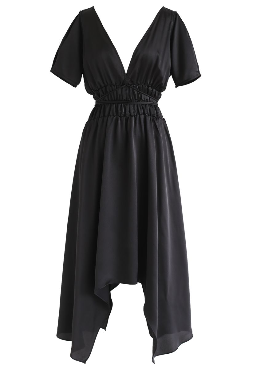 Plunging V-Neck Shirred Asymmetric Dress in Black