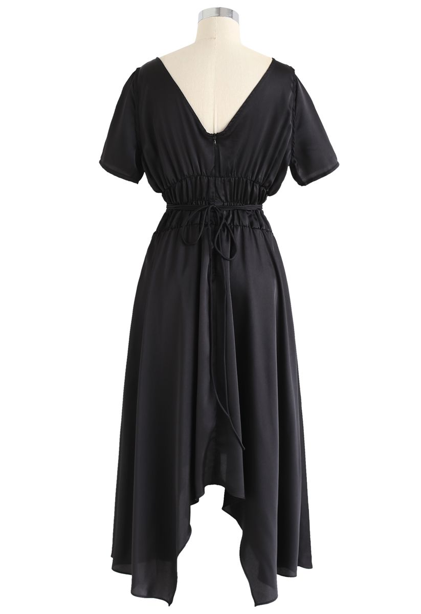 Plunging V-Neck Shirred Asymmetric Dress in Black