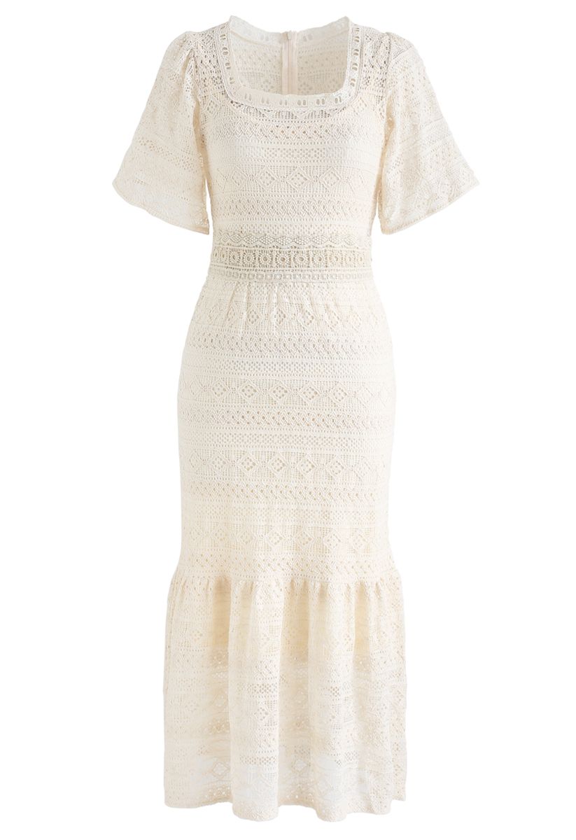 Square Neck Full Crochet Dress in Cream