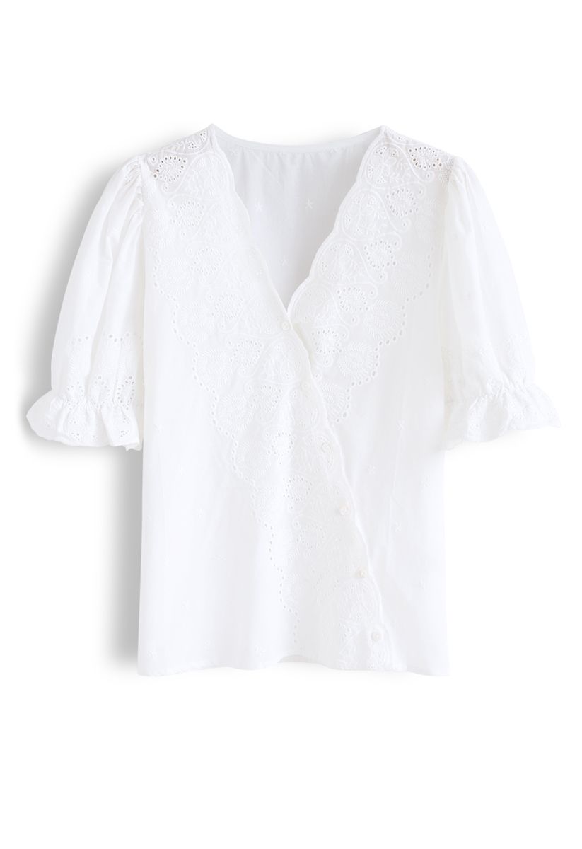 Slanted Embroidery Button Down Top in White - Retro, Indie and Unique ...