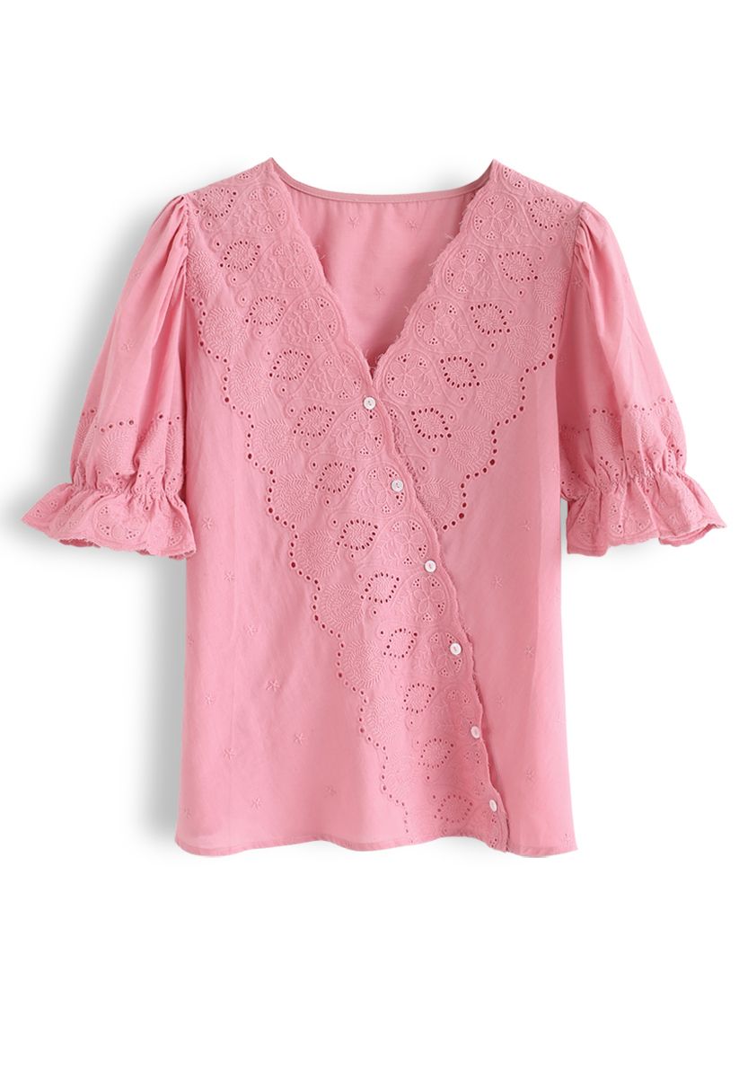 Slanted Embroidery Button Down Top in Hot Pink - Retro, Indie and ...