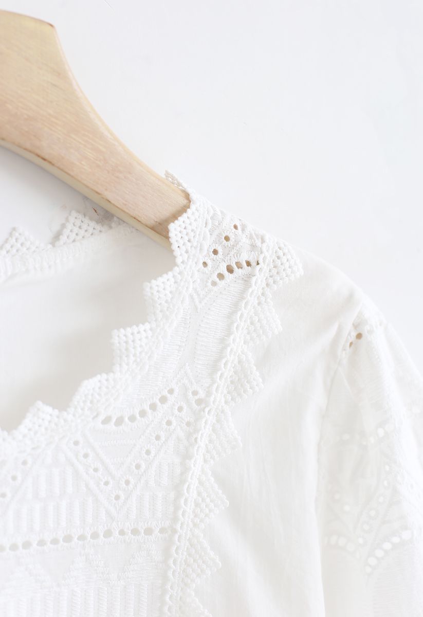 Zigzag Crochet Embroidery Button Down Top in White
