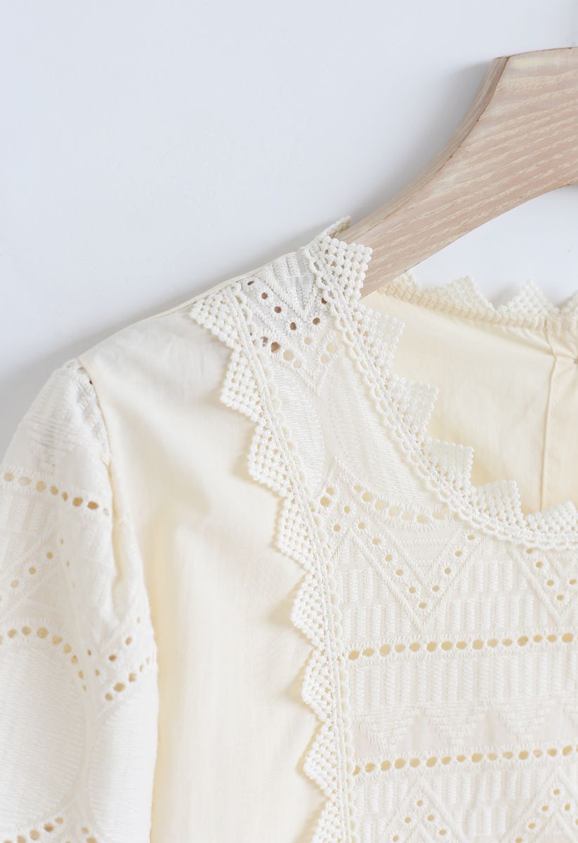 Zigzag Crochet Embroidery Button Down Top in Cream - Retro, Indie and ...