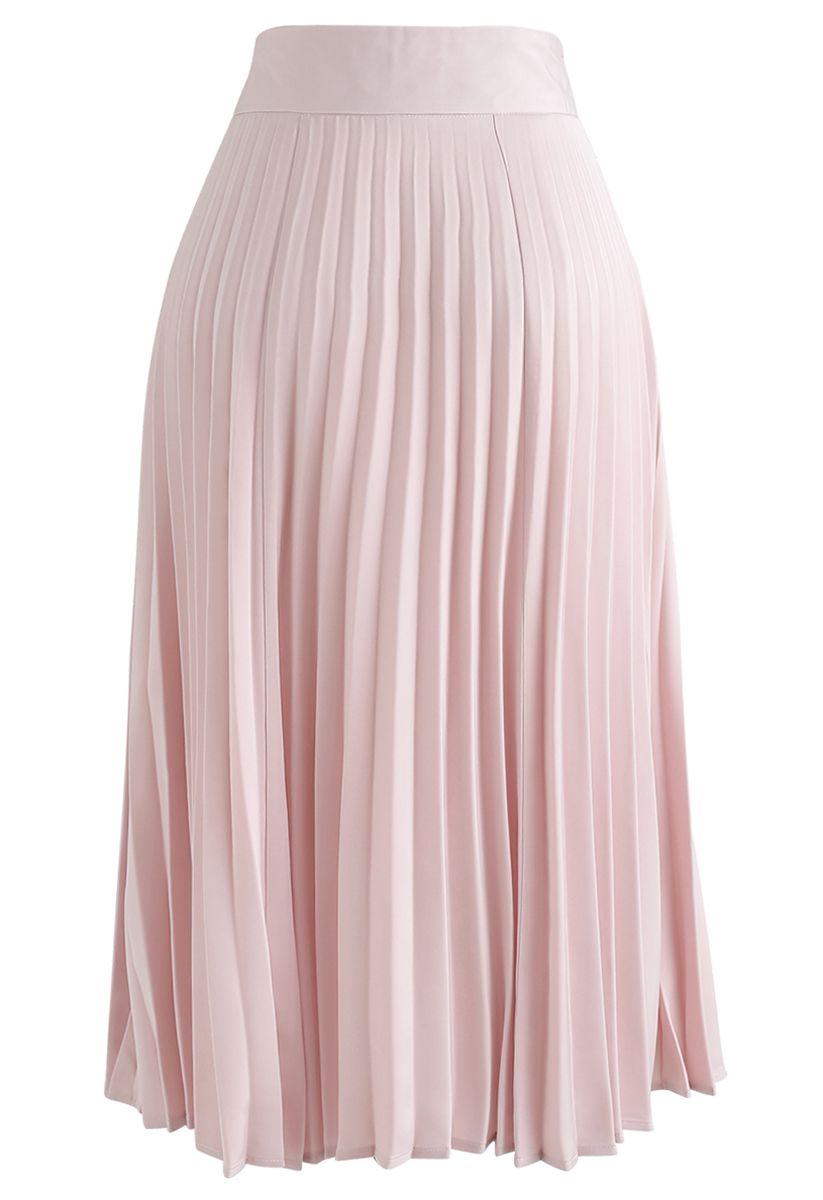 Satin Full Pleated Midi Skirt in Pink