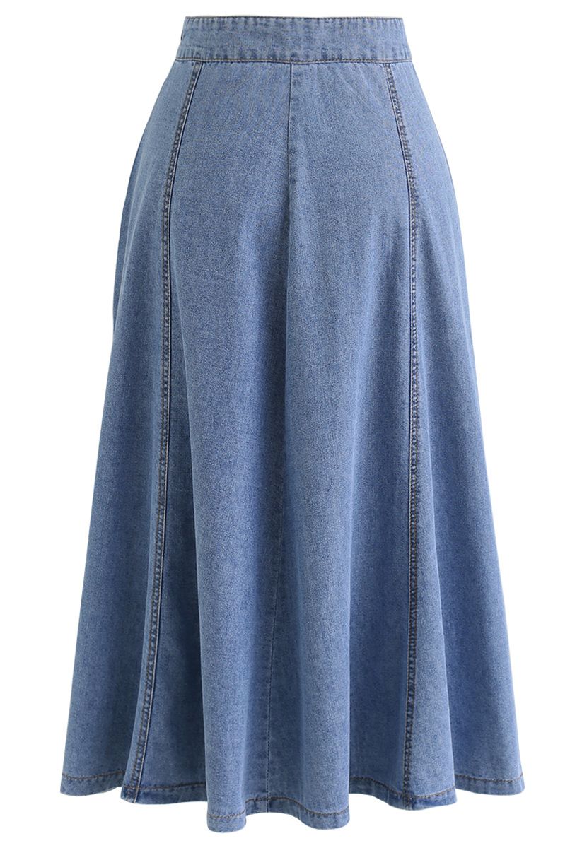 Seam Detail Denim A-Line Midi Skirt in Blue - Retro, Indie and Unique ...