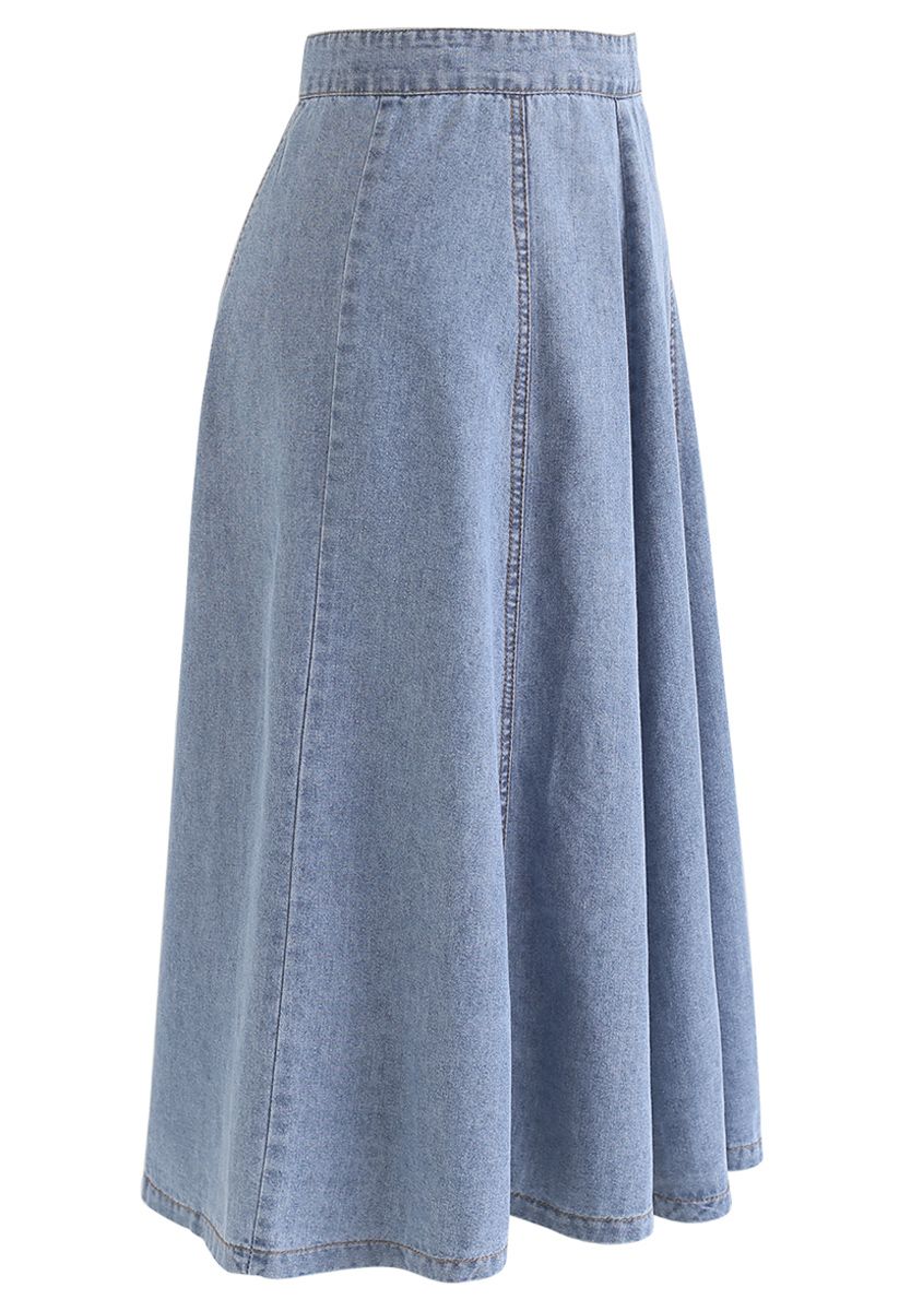 Seam Detail Denim A-Line Midi Skirt in Light Blue - Retro, Indie and ...