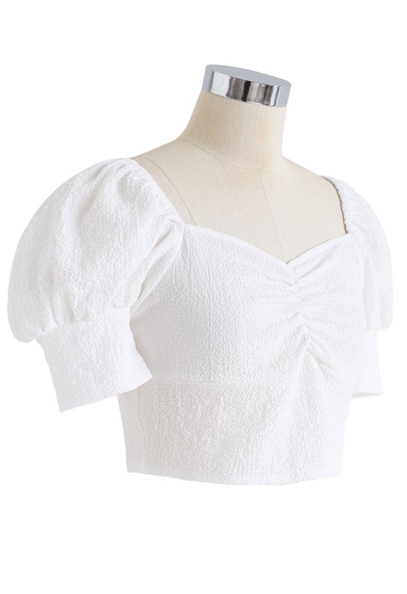 Shirred Back Sweetheart Neck Crop Top in White