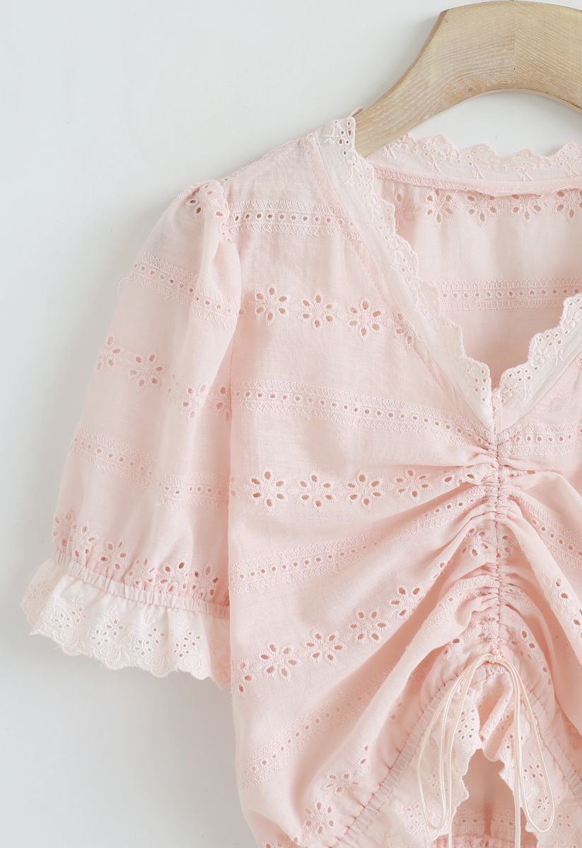 Drawstring Front Floral Embroidered Eyelet Crop Top in Light Pink